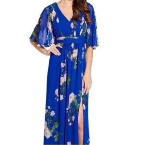 Adrianna Papell Floral Chiffon Dress with Flutter Sleeves Blue/Flowers
